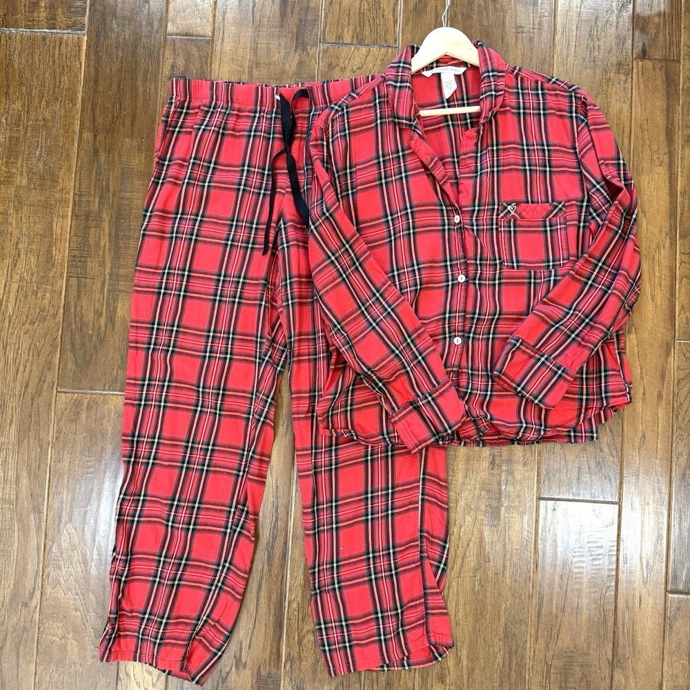 Victoria's Secret Plaid Flannel Pajama Set Women's M Red Pants Button Up Cabin